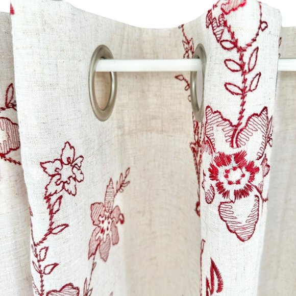 Pair of Curtain Panels 86 x 53 each Linen Red Stitched Flowers Grommets - Picture 2 of 4